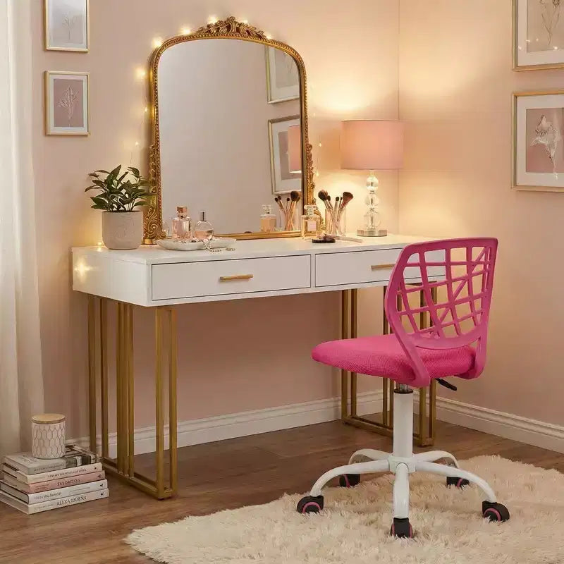 Silla de escritorio FurnitureR, silla de oficina ajustable para computadora con respaldo de plástico y asiento acolchado, silla giratoria con ruedas, rosa