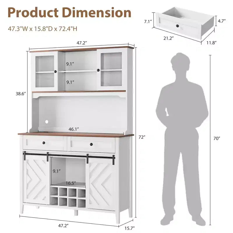 Mueble despensa alto de cocina de 183 cm, aparador independiente con puerta corrediza de granero y 2 cajones, mueble de barra de café de madera para sala de estar o cocina