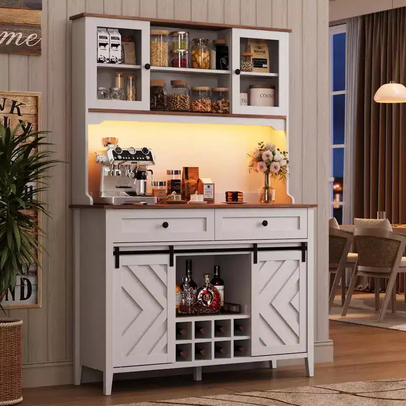 Mueble despensa alto de cocina de 183 cm, aparador independiente con puerta corrediza de granero y 2 cajones, mueble de barra de café de madera para sala de estar o cocina