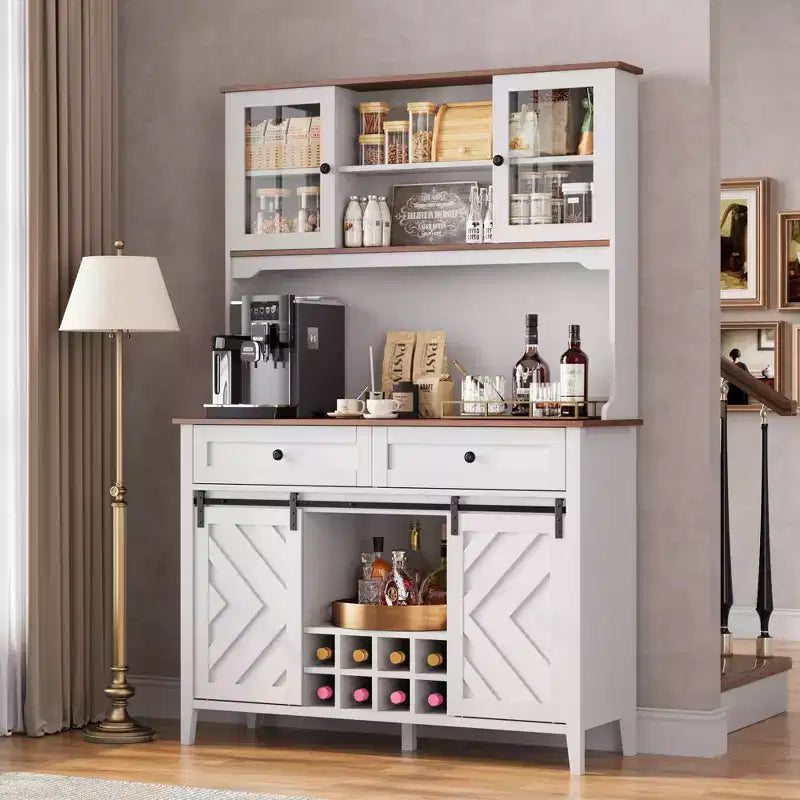 Mueble despensa alto de cocina de 183 cm, aparador independiente con puerta corrediza de granero y 2 cajones, mueble de barra de café de madera para sala de estar o cocina