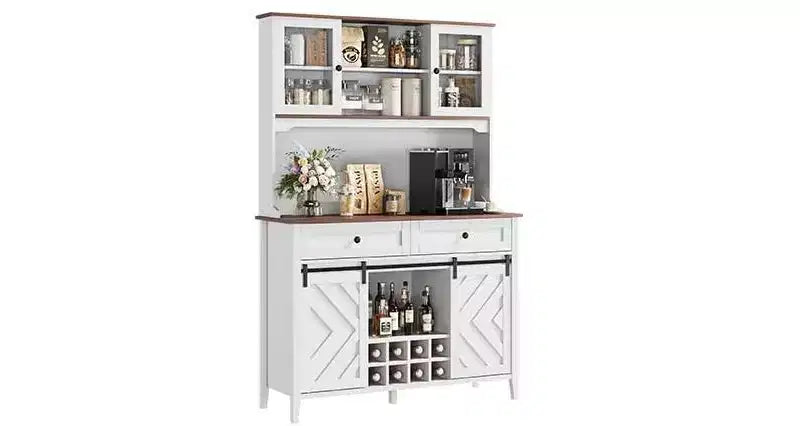Mueble despensa alto de cocina de 183 cm, aparador independiente con puerta corrediza de granero y 2 cajones, mueble de barra de café de madera para sala de estar o cocina