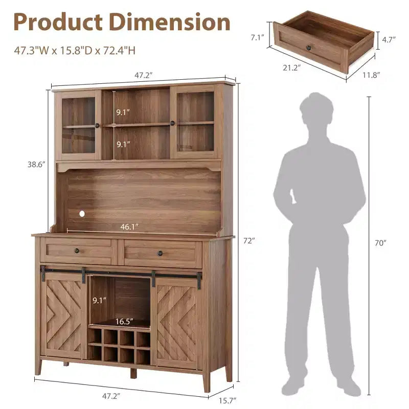 Mueble despensa alto de cocina de 183 cm, aparador independiente con puerta corrediza de granero y 2 cajones, mueble de barra de café de madera para sala de estar o cocina