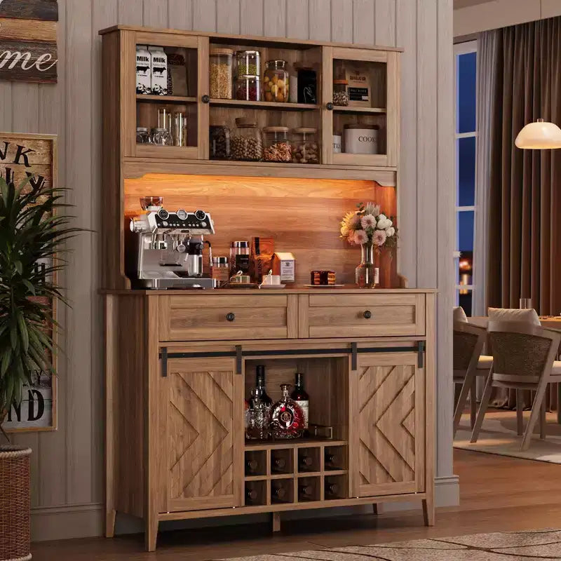 Mueble despensa alto de cocina de 183 cm, aparador independiente con puerta corrediza de granero y 2 cajones, mueble de barra de café de madera para sala de estar o cocina
