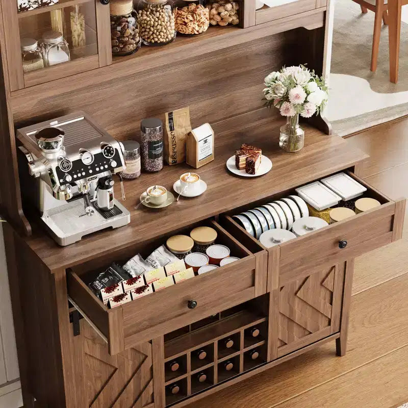 Mueble despensa alto de cocina de 183 cm, aparador independiente con puerta corrediza de granero y 2 cajones, mueble de barra de café de madera para sala de estar o cocina