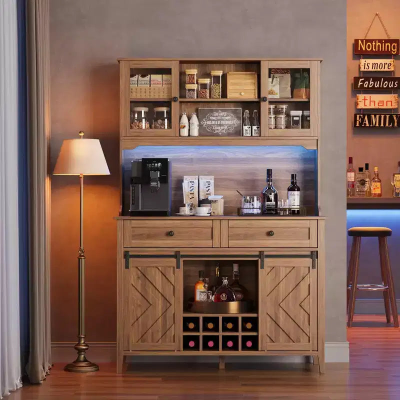 Mueble despensa alto de cocina de 183 cm, aparador independiente con puerta corrediza de granero y 2 cajones, mueble de barra de café de madera para sala de estar o cocina