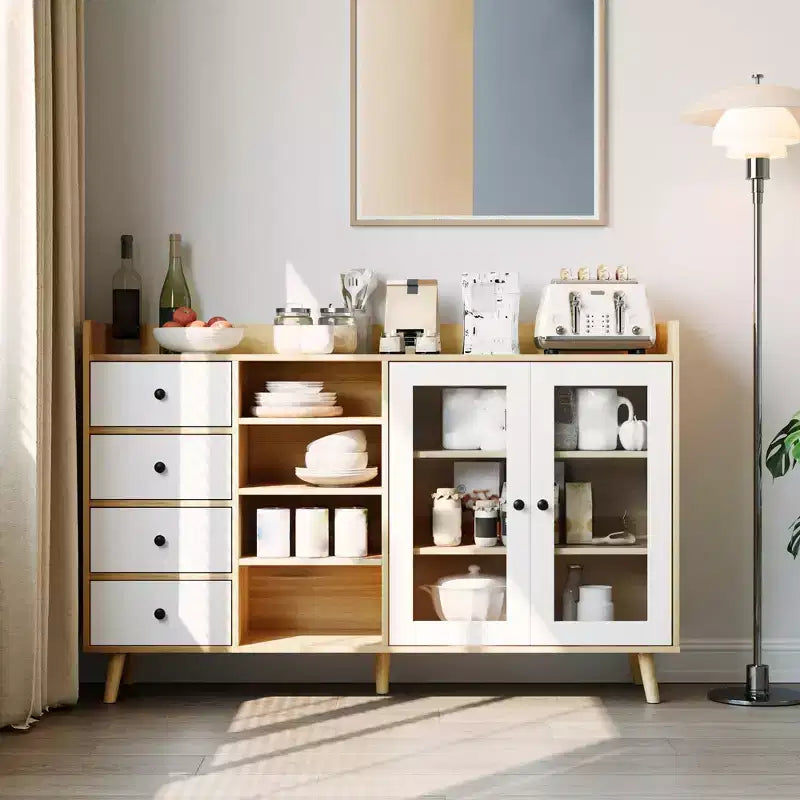 Armario de almacenamiento rústico para cocina de 55 pulgadas, aparador con cajones - Gabinete tipo bufé para cocina con puertas de vidrio y estantes ajustables