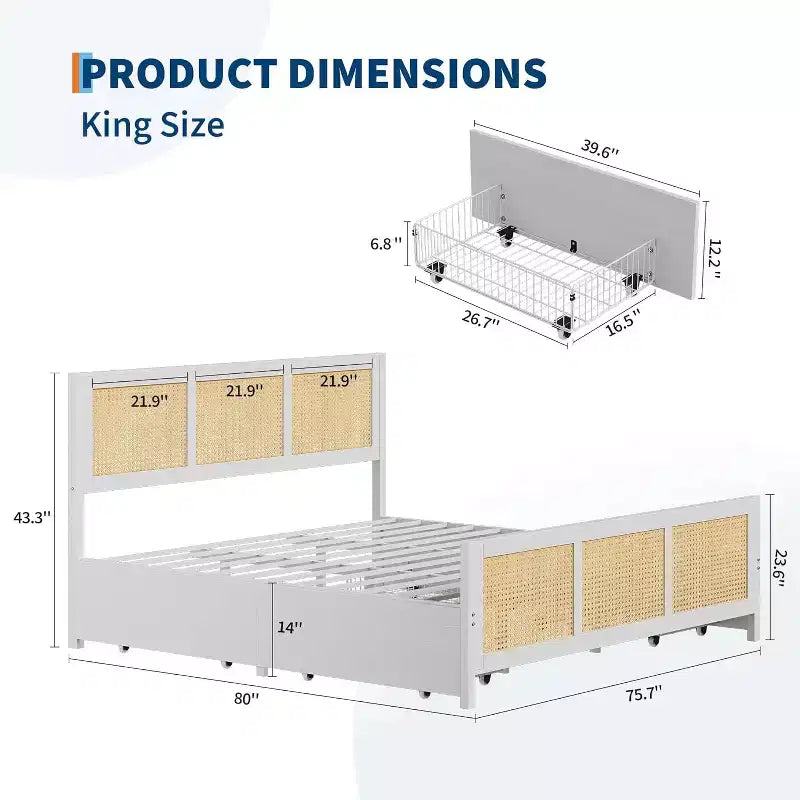 COZONY Estructura de Cama King Size con Cabecero, Cama Plataforma de Ratán Bohemio con Cajones de Almacenamiento e Iluminación LED, Sistema de Soporte Completo