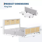 COZONY Estructura de Cama King Size con Cabecero, Cama Plataforma de Ratán Bohemio con Cajones de Almacenamiento e Iluminación LED, Sistema de Soporte Completo