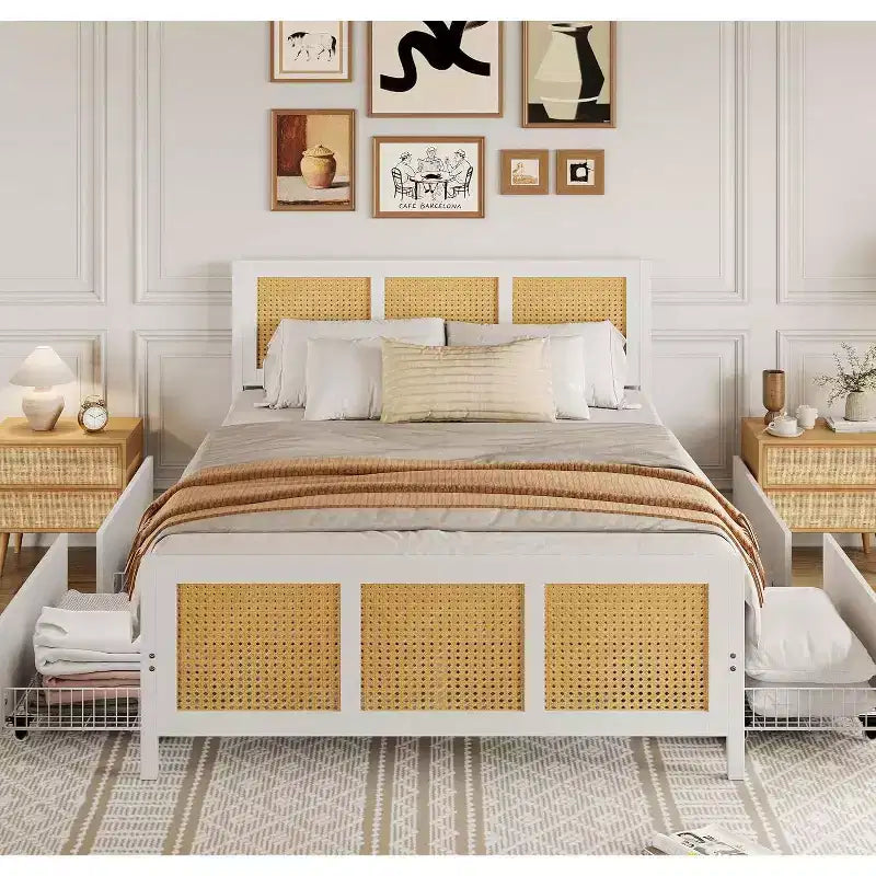 COZONY Estructura de Cama King Size con Cabecero, Cama Plataforma de Ratán Bohemio con Cajones de Almacenamiento e Iluminación LED, Sistema de Soporte Completo