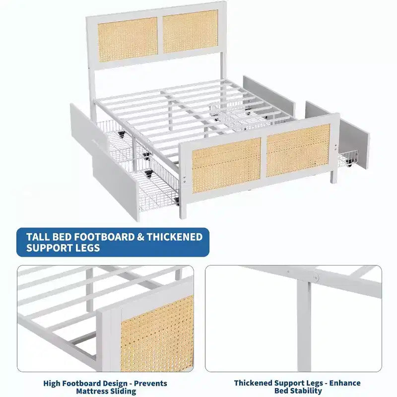 COZONY Estructura de Cama King Size con Cabecero, Cama Plataforma de Ratán Bohemio con Cajones de Almacenamiento e Iluminación LED, Sistema de Soporte Completo