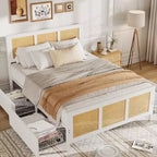 COZONY Estructura de Cama King Size con Cabecero, Cama Plataforma de Ratán Bohemio con Cajones de Almacenamiento e Iluminación LED, Sistema de Soporte Completo