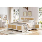 COZONY Estructura de Cama King Size con Cabecero, Cama Plataforma de Ratán Bohemio con Cajones de Almacenamiento e Iluminación LED, Sistema de Soporte Completo