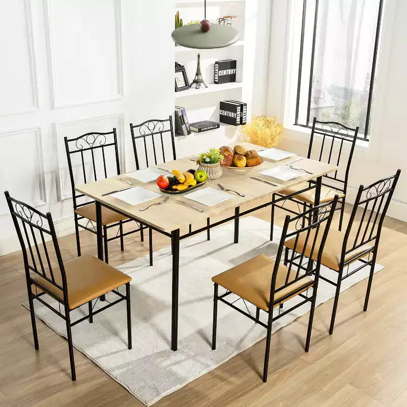 FurnitureR Juego de mesa de comedor de 7 piezas para 6 personas, mesa de cocina rectangular con 6 sillas de cuero PU de respaldo alto, cómodos juegos de mesa de comedor, haya