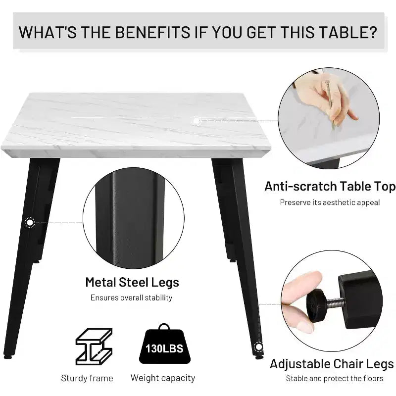 Mesa de Comedor FurnitureR para 4-6 Personas con Tablero Robusto de Impresión de Mármol Sintético Engrosado y Patas de Acero Metálico, Mesa Funcional para Cocina, Blanca