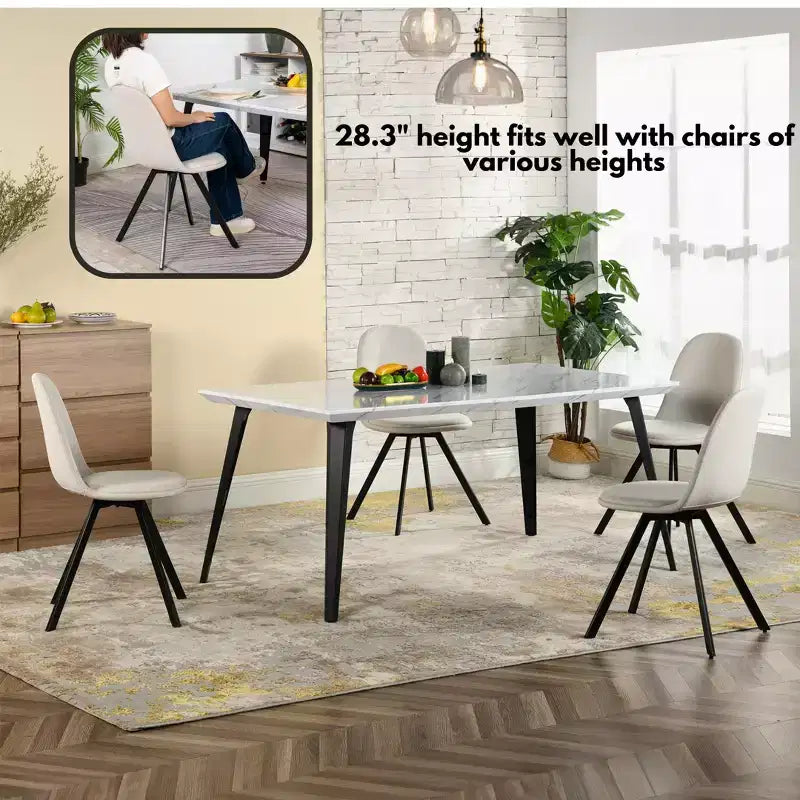 Mesa de Comedor FurnitureR para 4-6 Personas con Tablero Robusto de Impresión de Mármol Sintético Engrosado y Patas de Acero Metálico, Mesa Funcional para Cocina, Blanca