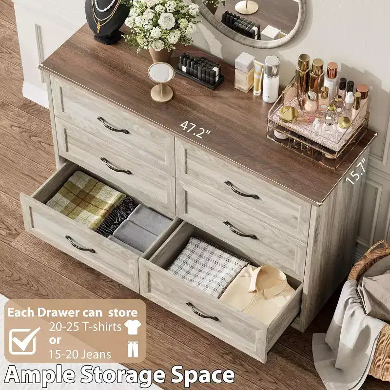 Cómoda de Madera de 6 Cajones para Dormitorio con Asas Metálicas Anchas, Cajonera Moderna de Estilo Rústico, Organizador de Almacenamiento para Dormitorio y Sala de Estar