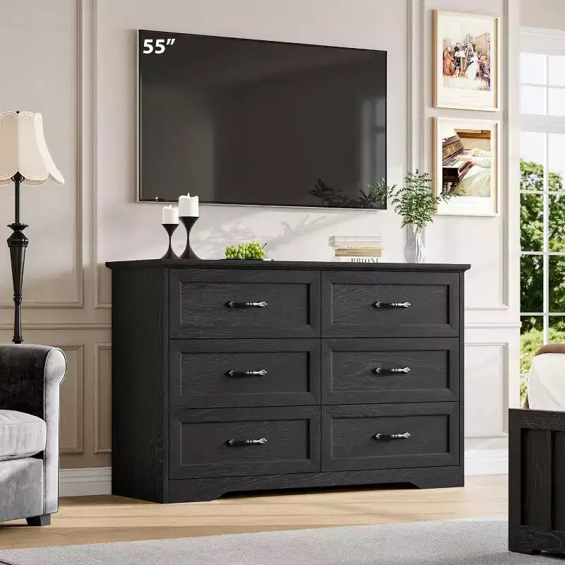 Cómoda de Madera de 6 Cajones para Dormitorio con Asas Metálicas Anchas, Cajonera Moderna de Estilo Rústico, Organizador de Almacenamiento para Dormitorio y Sala de Estar
