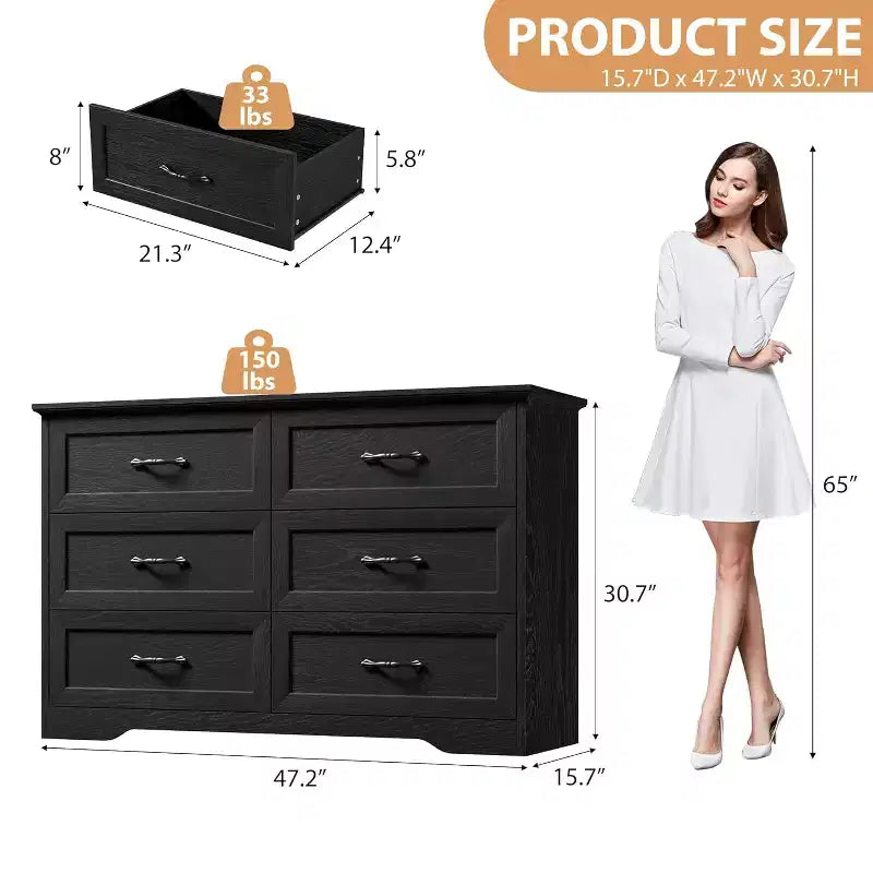 Cómoda de Madera de 6 Cajones para Dormitorio con Asas Metálicas Anchas, Cajonera Moderna de Estilo Rústico, Organizador de Almacenamiento para Dormitorio y Sala de Estar