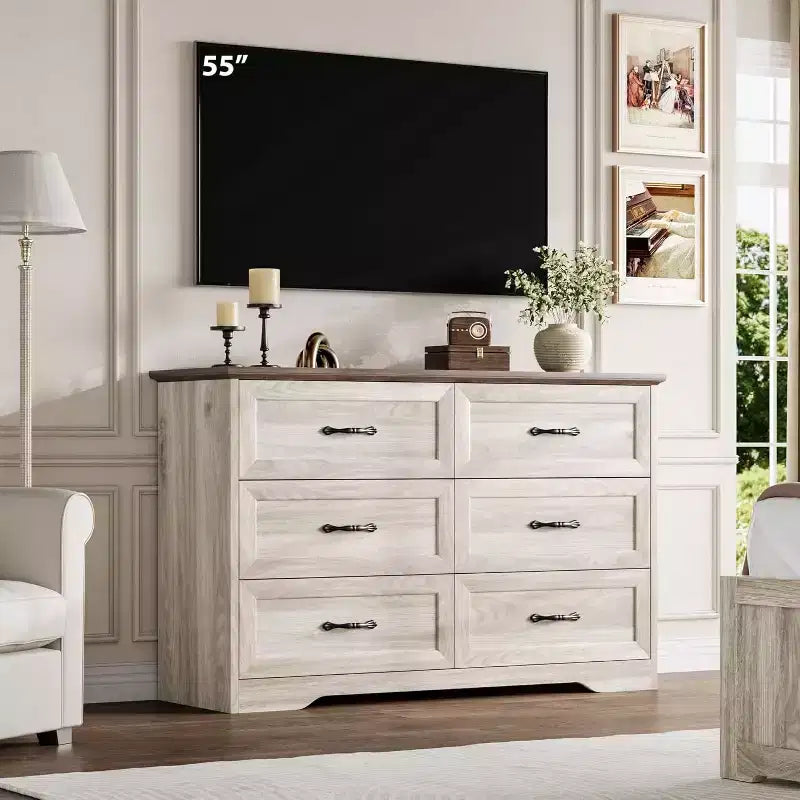 Cómoda de Madera de 6 Cajones para Dormitorio con Asas Metálicas Anchas, Cajonera Moderna de Estilo Rústico, Organizador de Almacenamiento para Dormitorio y Sala de Estar