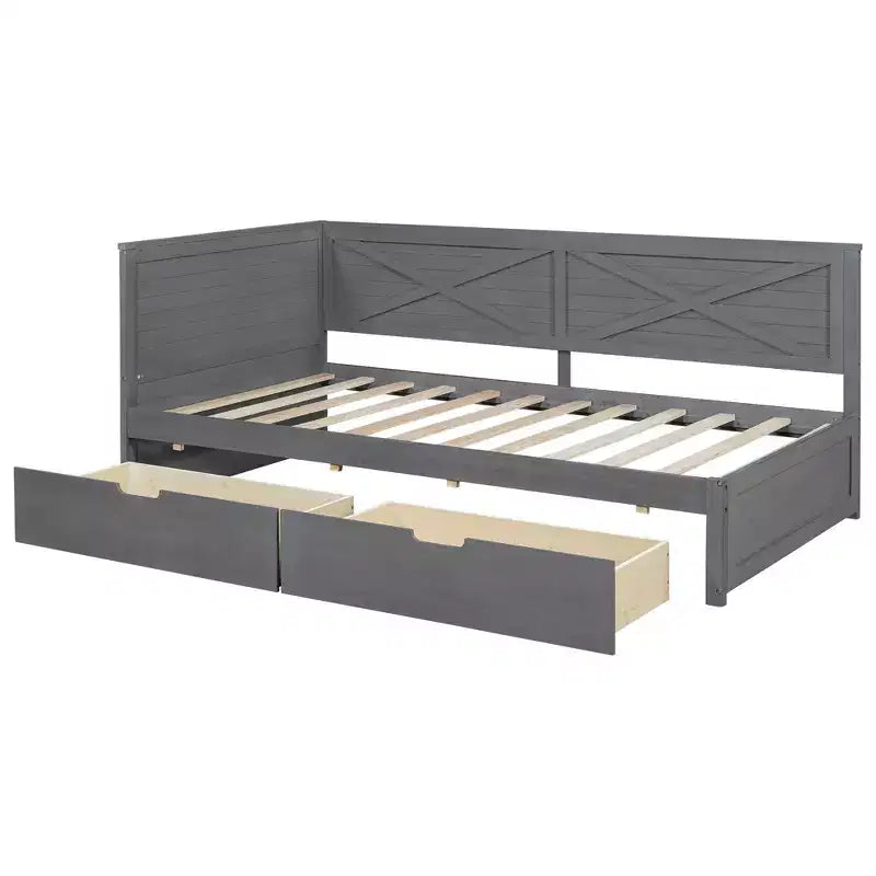 Estructura de diván individual con cajones de almacenamiento, diván de esquina en forma de L estilo rústico para dormitorio, gris