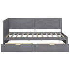 Estructura de diván individual con cajones de almacenamiento, diván de esquina en forma de L estilo rústico para dormitorio, gris