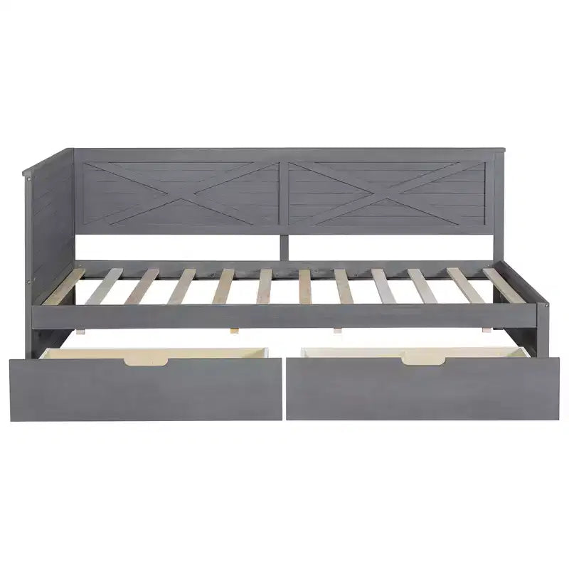 Estructura de diván individual con cajones de almacenamiento, diván de esquina en forma de L estilo rústico para dormitorio, gris