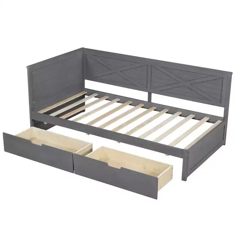 Estructura de diván individual con cajones de almacenamiento, diván de esquina en forma de L estilo rústico para dormitorio, gris