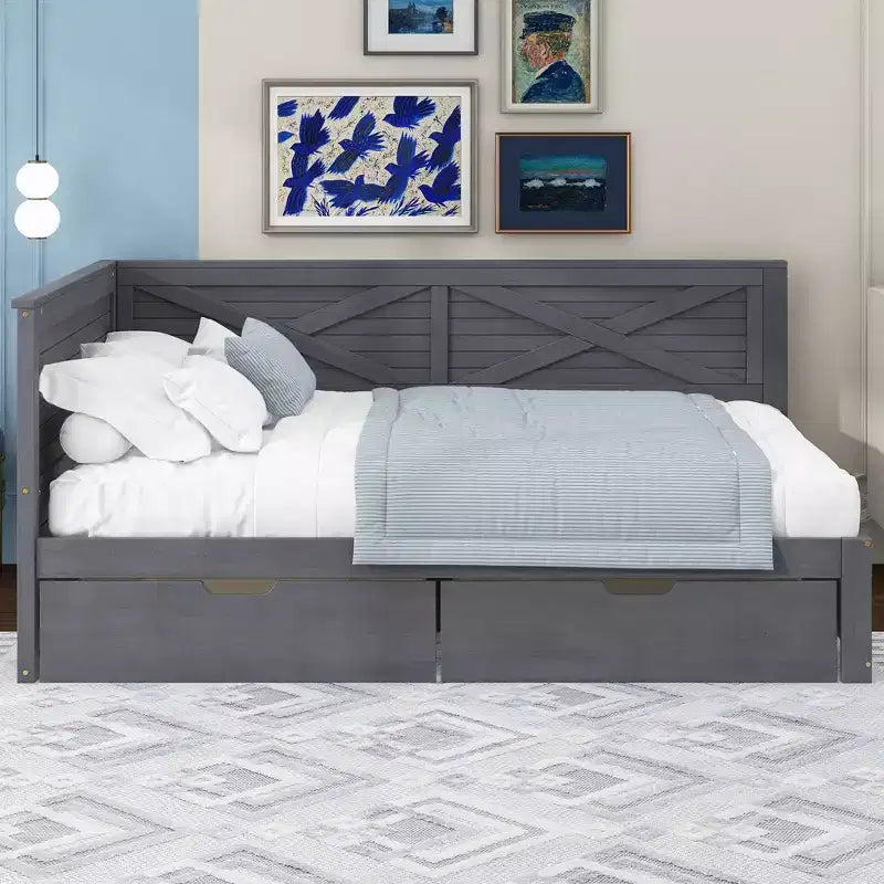 Estructura de diván individual con cajones de almacenamiento, diván de esquina en forma de L estilo rústico para dormitorio, gris