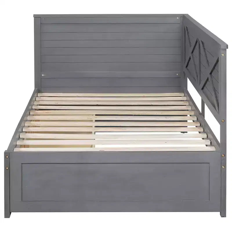 Estructura de diván individual con cajones de almacenamiento, diván de esquina en forma de L estilo rústico para dormitorio, gris