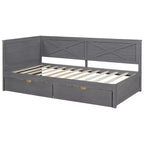 Estructura de diván individual con cajones de almacenamiento, diván de esquina en forma de L estilo rústico para dormitorio, gris