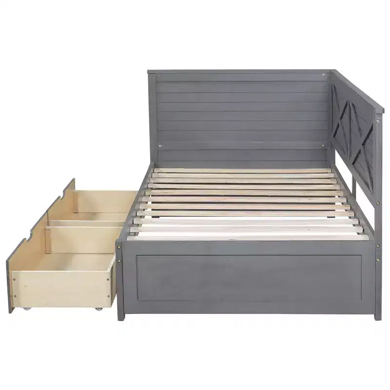 Estructura de diván individual con cajones de almacenamiento, diván de esquina en forma de L estilo rústico para dormitorio, gris
