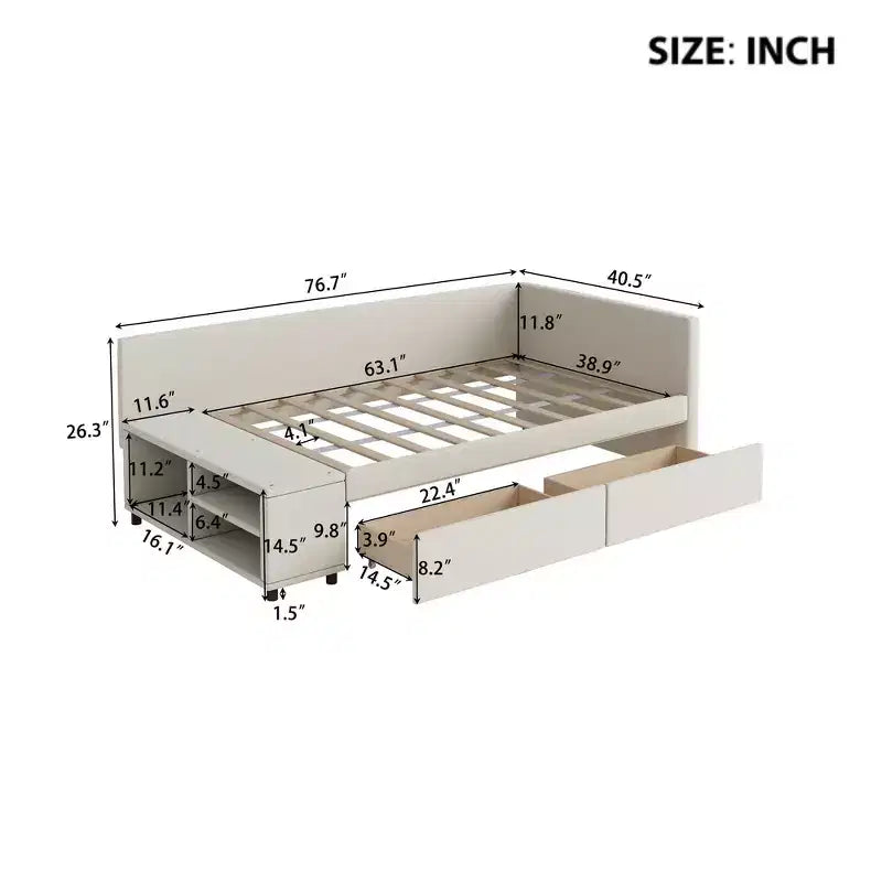 Cama de plataforma en forma de L Whisen Twin Size con almacenamiento envolvente y cajones, construcción robusta y duradera