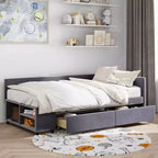 Cama de plataforma en forma de L Whisen Twin Size con almacenamiento envolvente y cajones, construcción robusta y duradera