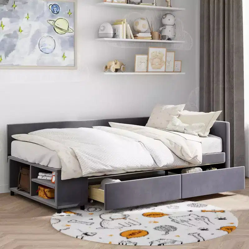 Cama de plataforma en forma de L Whisen Twin Size con almacenamiento envolvente y cajones, construcción robusta y duradera