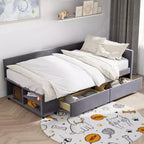 Cama de plataforma en forma de L Whisen Twin Size con almacenamiento envolvente y cajones, construcción robusta y duradera