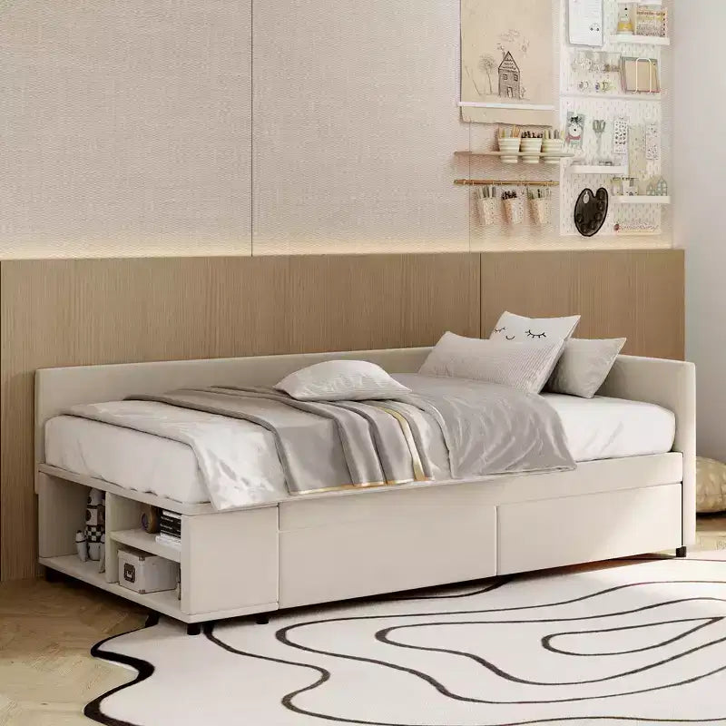 Cama de plataforma en forma de L Whisen Twin Size con almacenamiento envolvente y cajones, construcción robusta y duradera