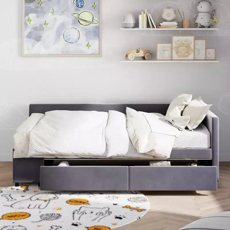 Cama de plataforma en forma de L Whisen Twin Size con almacenamiento envolvente y cajones, construcción robusta y duradera
