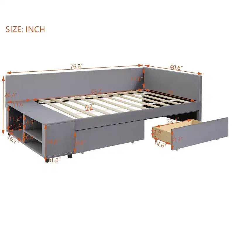 Cama de plataforma en forma de L Whisen Twin Size con almacenamiento envolvente y cajones, construcción robusta y duradera