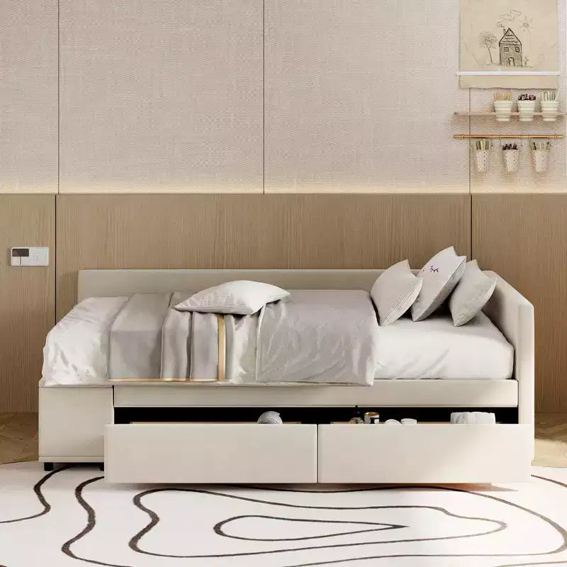 Cama de plataforma en forma de L Whisen Twin Size con almacenamiento envolvente y cajones, construcción robusta y duradera
