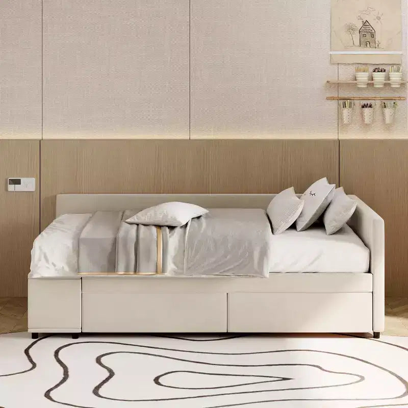 Cama de plataforma en forma de L Whisen Twin Size con almacenamiento envolvente y cajones, construcción robusta y duradera