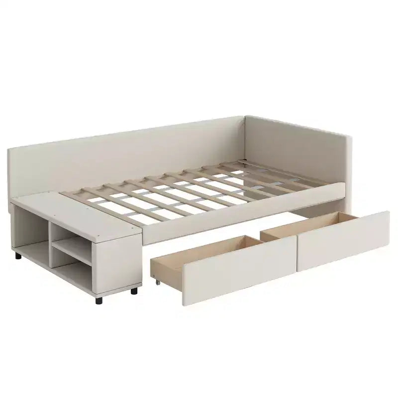 Cama de plataforma en forma de L Whisen Twin Size con almacenamiento envolvente y cajones, construcción robusta y duradera