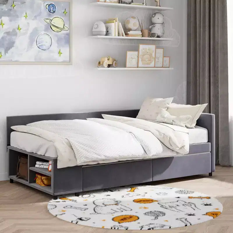 Cama de plataforma en forma de L Whisen Twin Size con almacenamiento envolvente y cajones, construcción robusta y duradera