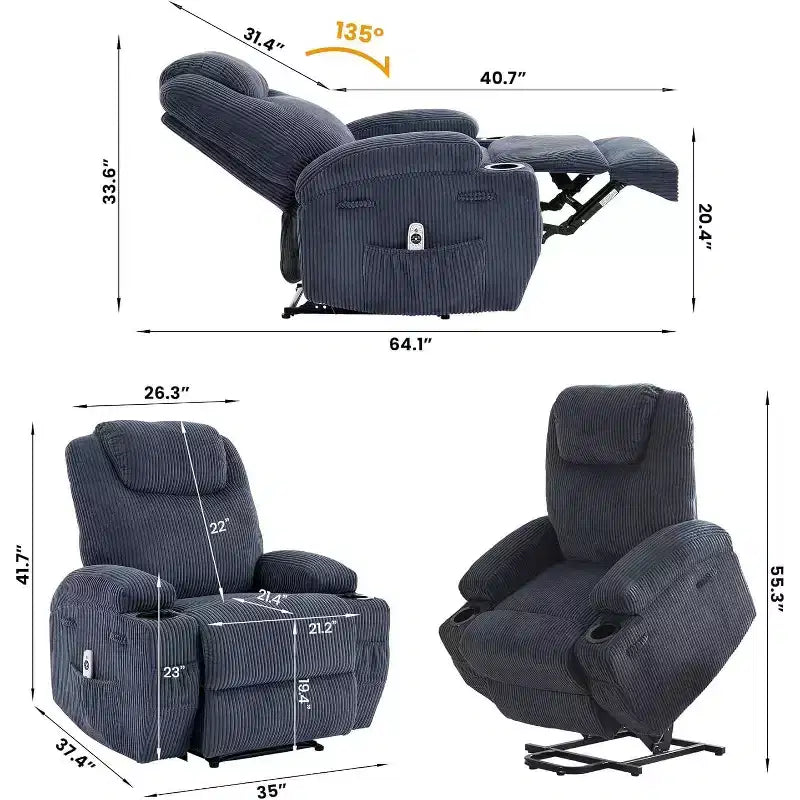 Sillón Reclinable Eléctrico con Elevador, Sillón Elevador con Masaje y Calor, Sillones Reclinables Eléctricos Ajustables de Pana con 2 Portavasos y Asistencia de Pie