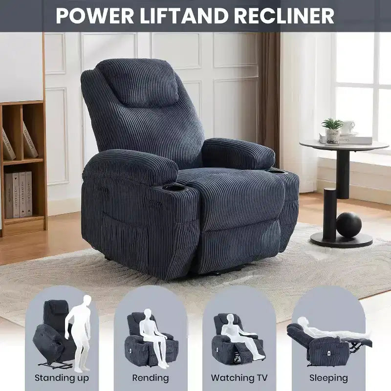 Sillón Reclinable Eléctrico con Elevador, Sillón Elevador con Masaje y Calor, Sillones Reclinables Eléctricos Ajustables de Pana con 2 Portavasos y Asistencia de Pie