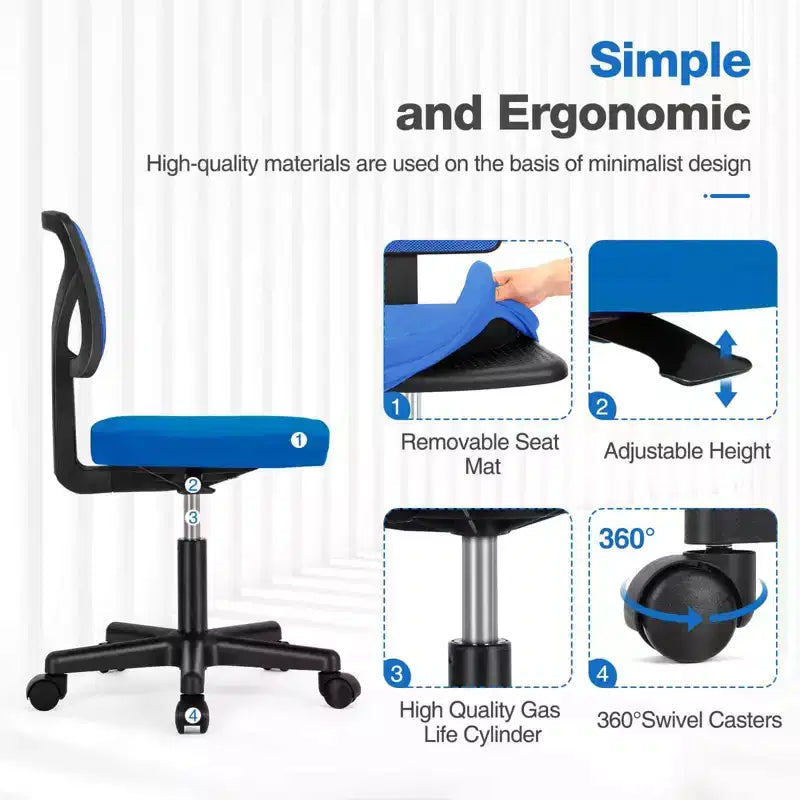 MAYEERTY Silla de oficina para el hogar, sin brazos, de malla, silla de ordenador para espacios pequeños, giratoria, ajustable, con respaldo bajo, para adolescentes y adultos, azul