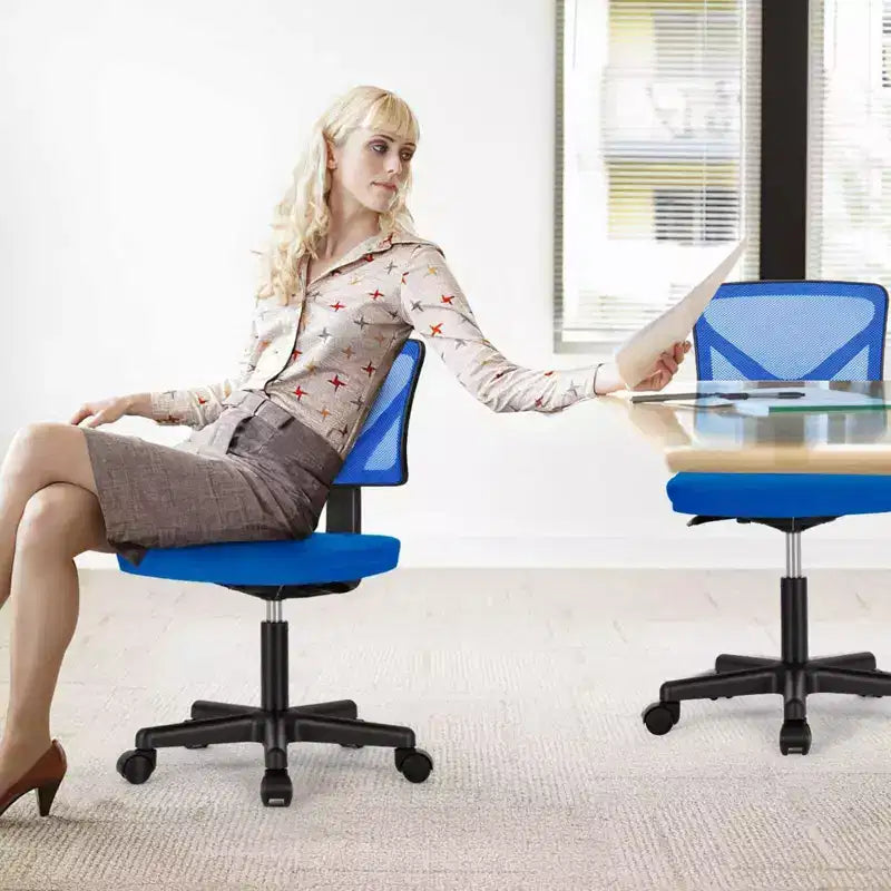 MAYEERTY Silla de oficina para el hogar, sin brazos, de malla, silla de ordenador para espacios pequeños, giratoria, ajustable, con respaldo bajo, para adolescentes y adultos, azul