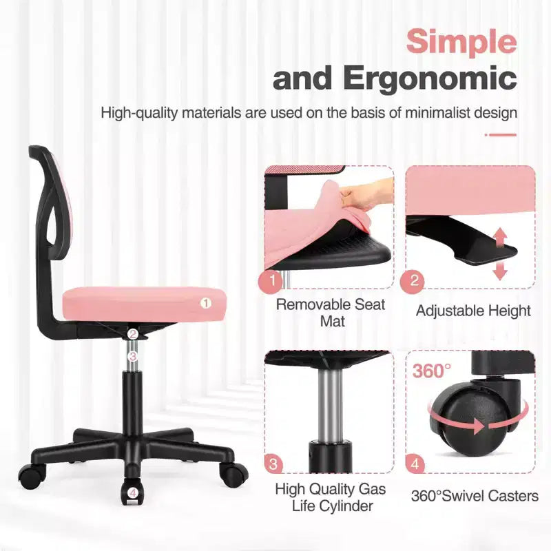MAYEERTY Silla de oficina para el hogar, sin brazos, de malla, silla de ordenador para espacios pequeños, giratoria, ajustable, con respaldo bajo, para adolescentes y adultos, azul