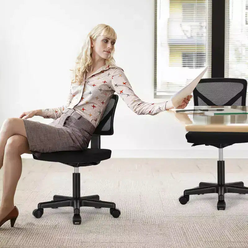 MAYEERTY Silla de oficina para el hogar, sin brazos, de malla, silla de ordenador para espacios pequeños, giratoria, ajustable, con respaldo bajo, para adolescentes y adultos, azul