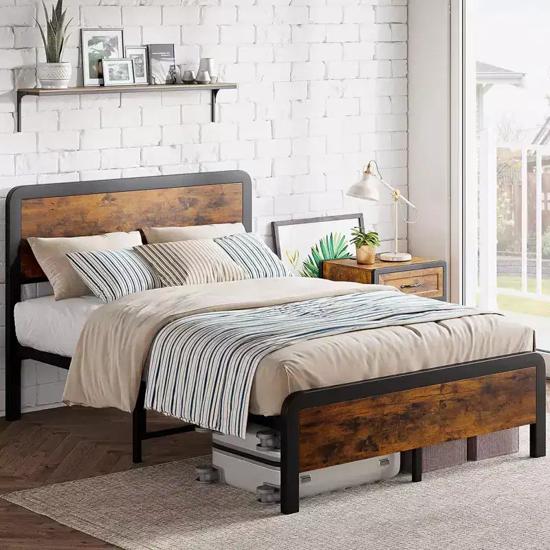 Queen-size bed frame with wooden headboard and footboard  rustic-style platform bed featuring metal slats, simple assembly for bedroom use