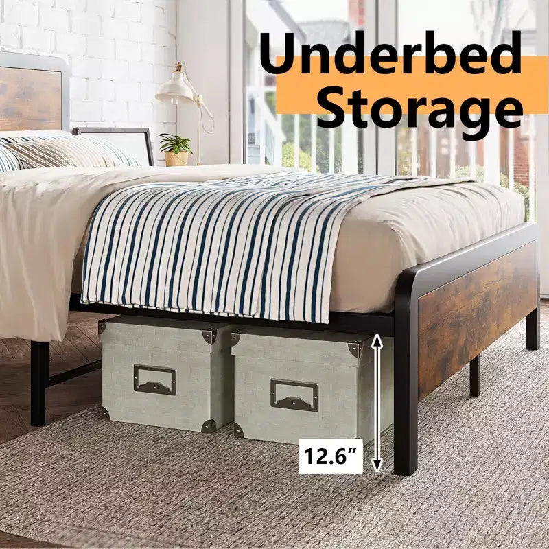 Base de cama tamaño "queen" con cabecero y pie de cama de madera, cama con plataforma de estilo rústico con listones metálicos, montaje sencillo para uso en dormitorio